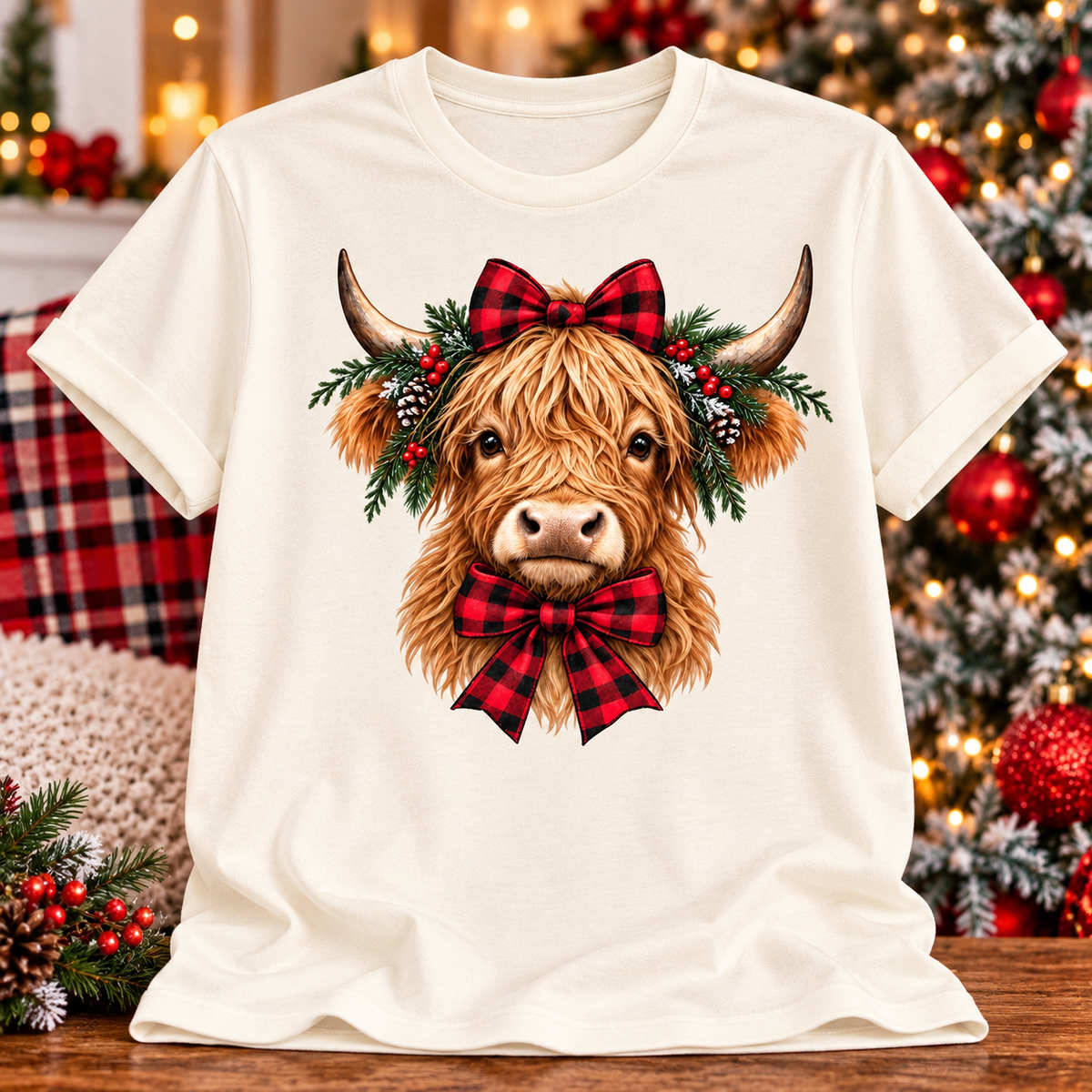 Christmas Highland Cow Buffalo Plaid Bow Graphic Tee