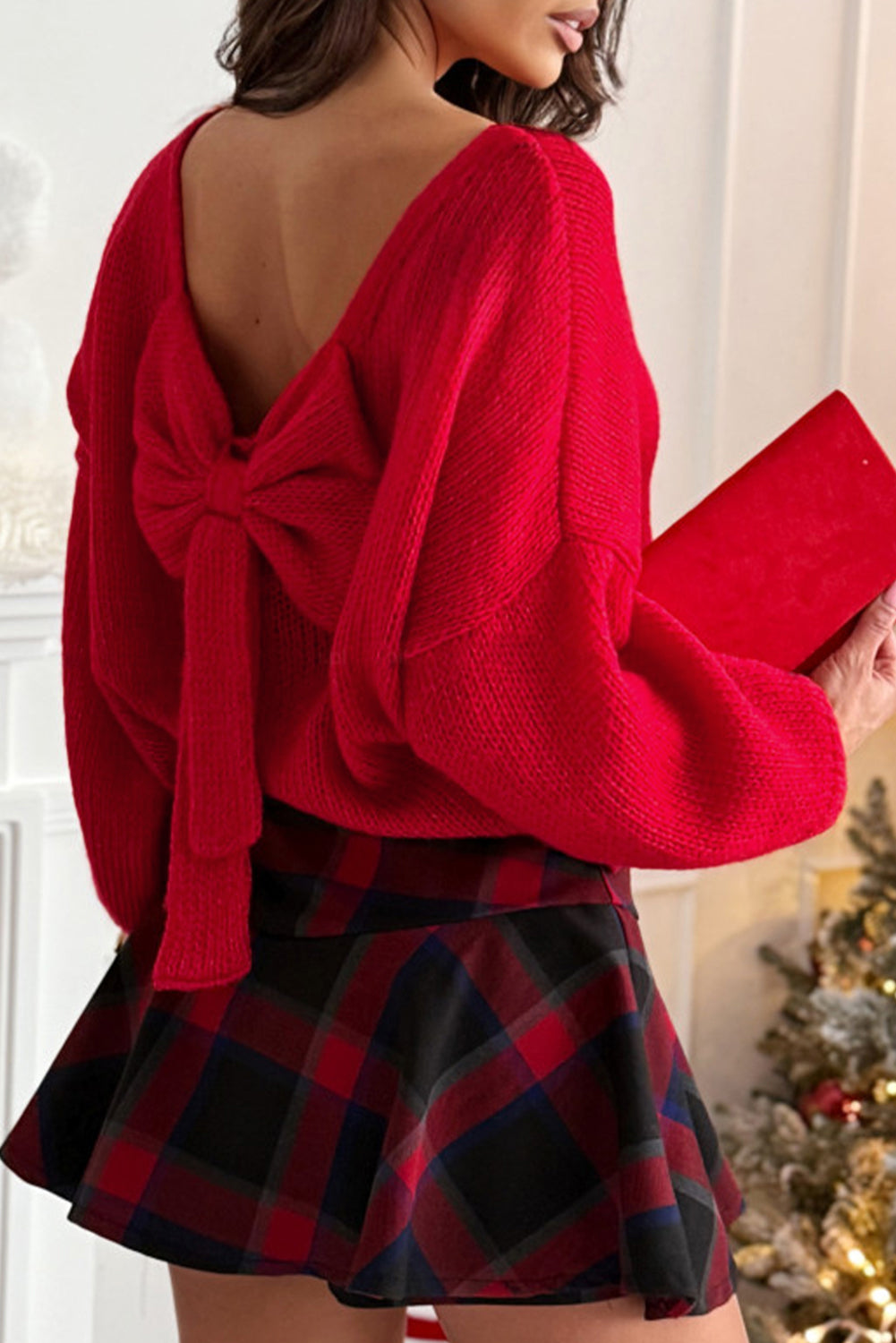 Bright Green Bow Backless Bubble Sleeve Sweater