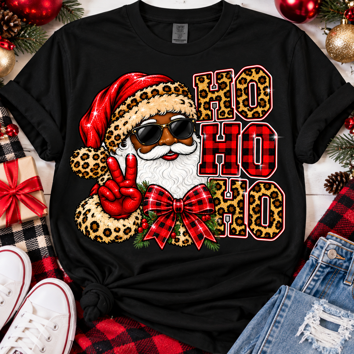Ho Ho Leopard Print Santa Christmas Graphic Tee