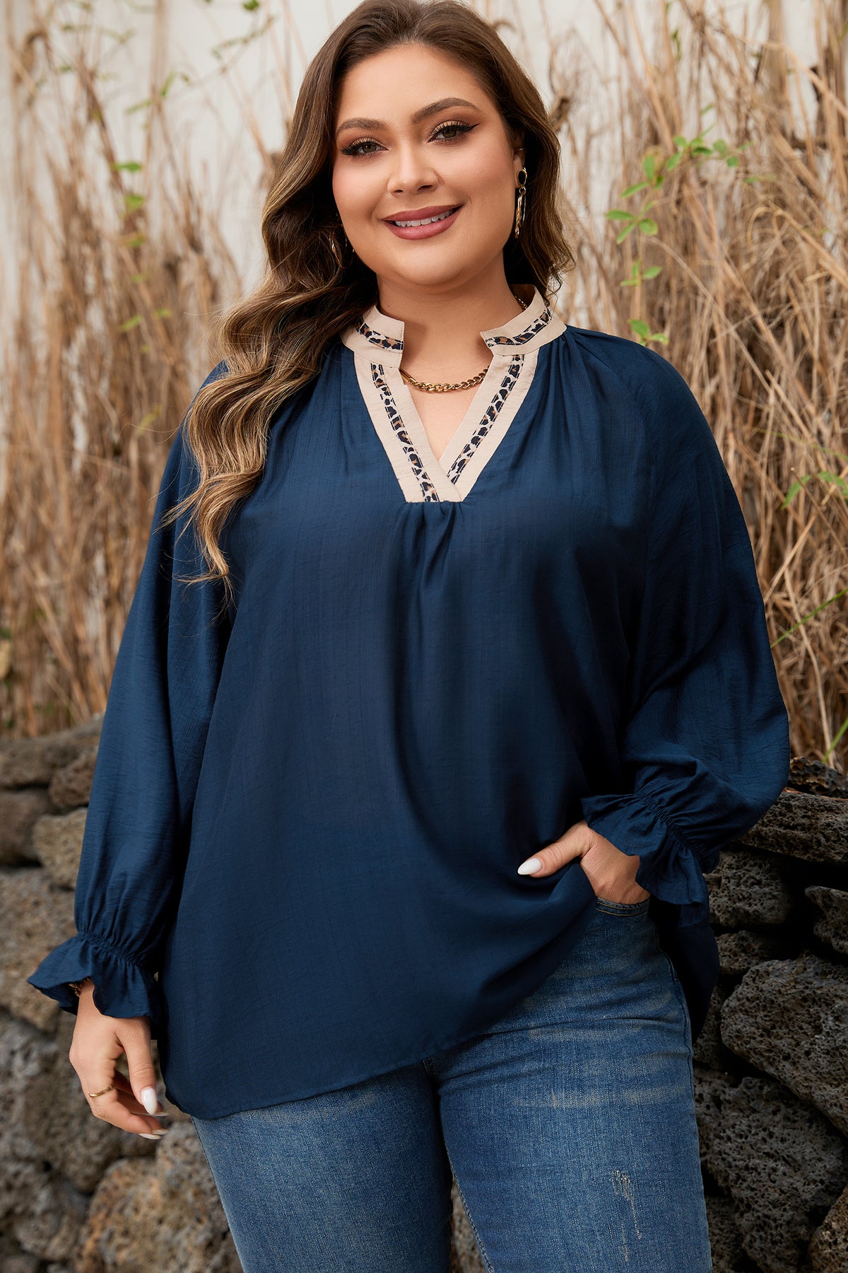 Navy Blue Contrast Leopard Patchwork Collar Plus Size Long Flounce Sleeve Blouse
