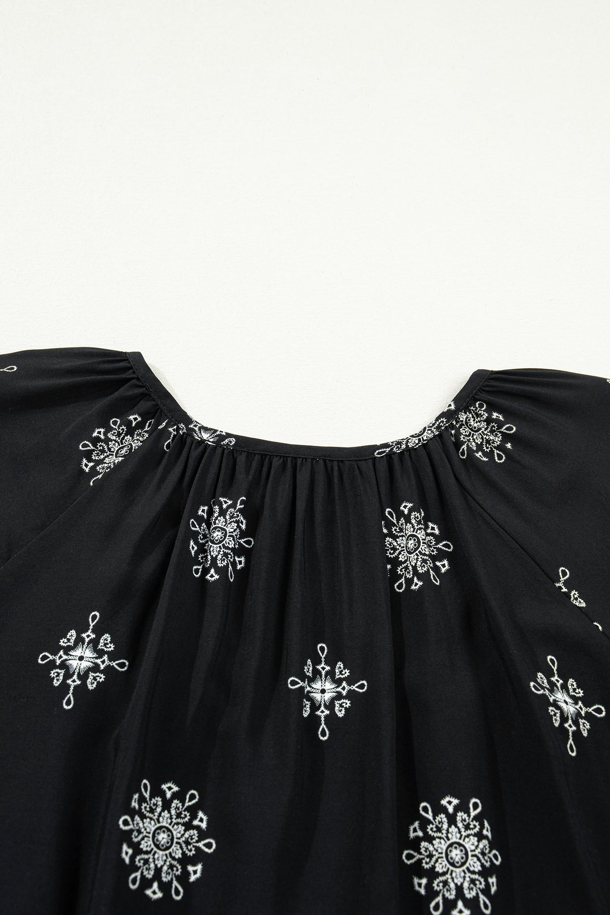 Black Boho Chic Notched V Neck Plus Floral Short Sleeve Top