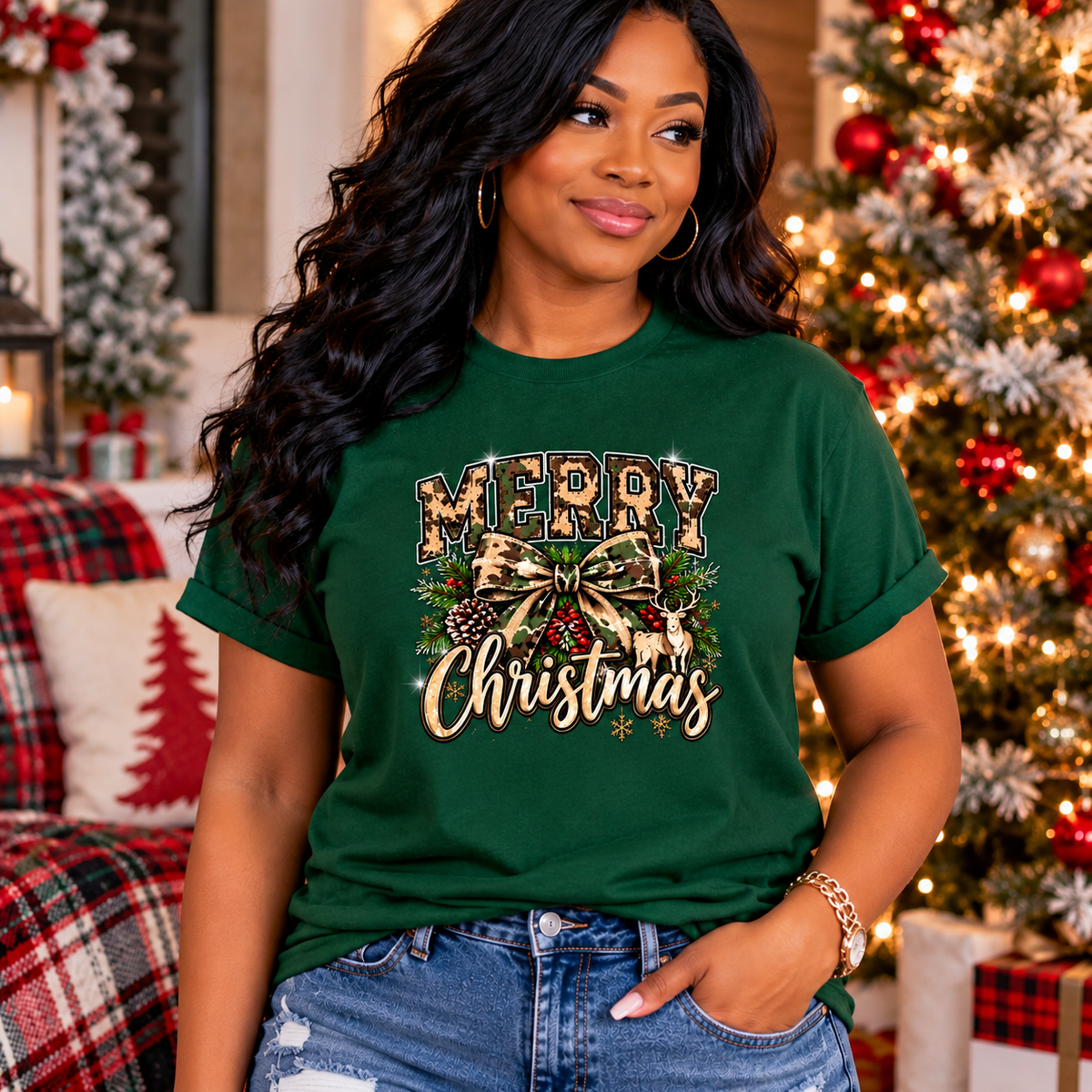 Merry Christmas Camo Bow Graphic Tee