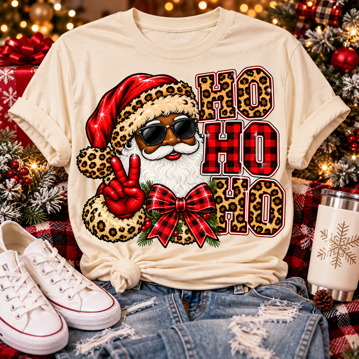 Ho Ho Leopard Print Santa Christmas Graphic Tee