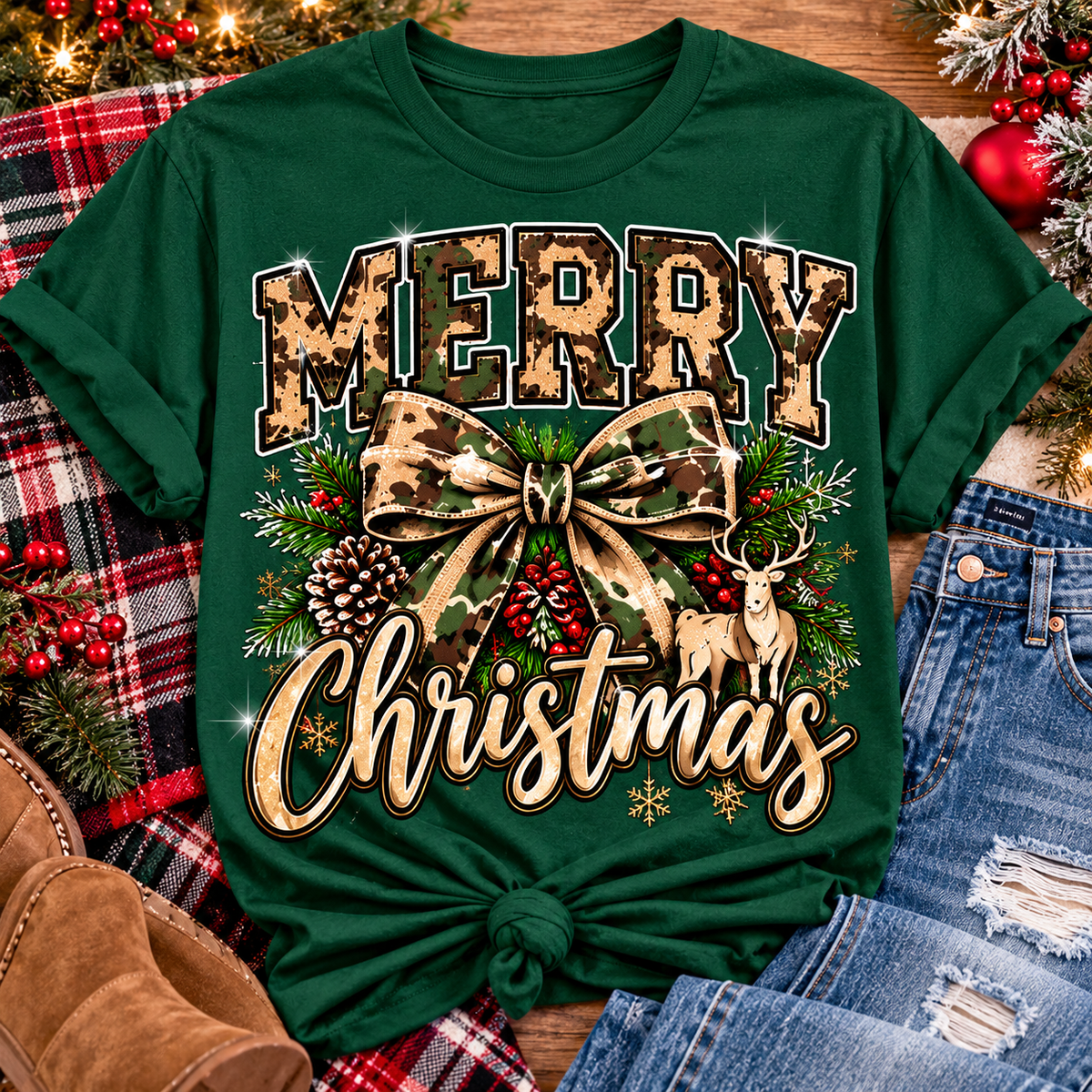 Merry Christmas Camo Bow Graphic Tee