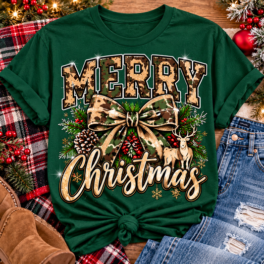 Merry Christmas Camo Bow Graphic Tee