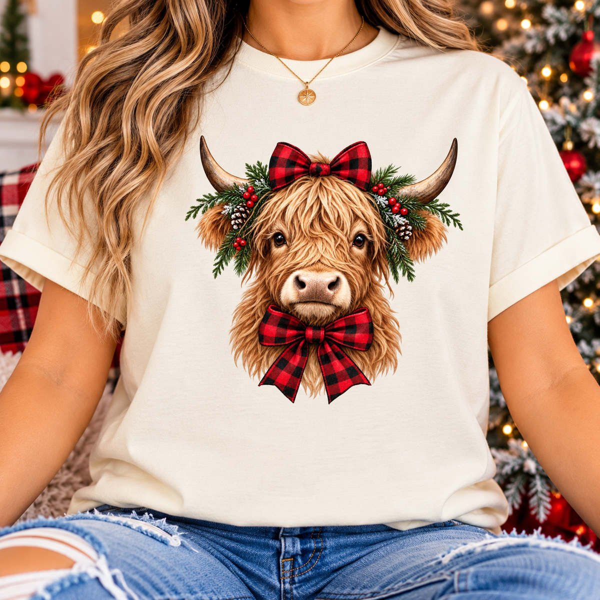 Christmas Highland Cow Buffalo Plaid Bow Graphic Tee