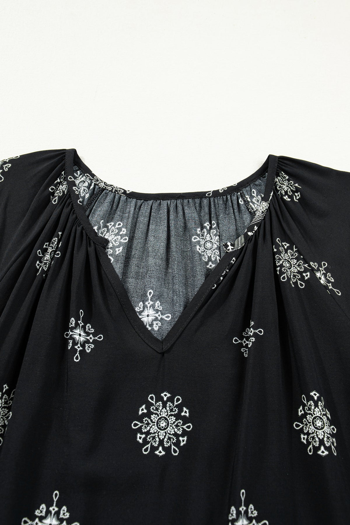 Black Boho Chic Notched V Neck Plus Floral Short Sleeve Top