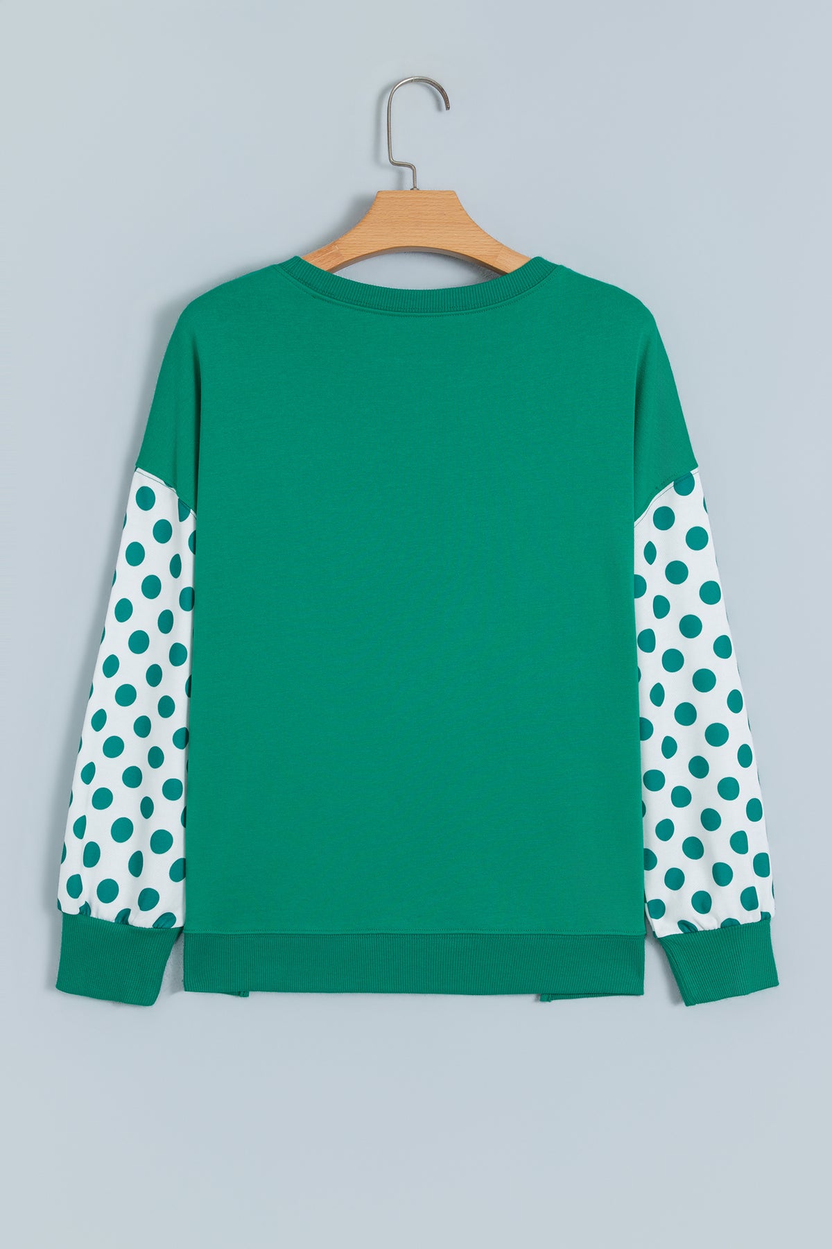 Green Polka Dot Patchwork Sleeve Crew Neck Loose Pullover Sweatshirt