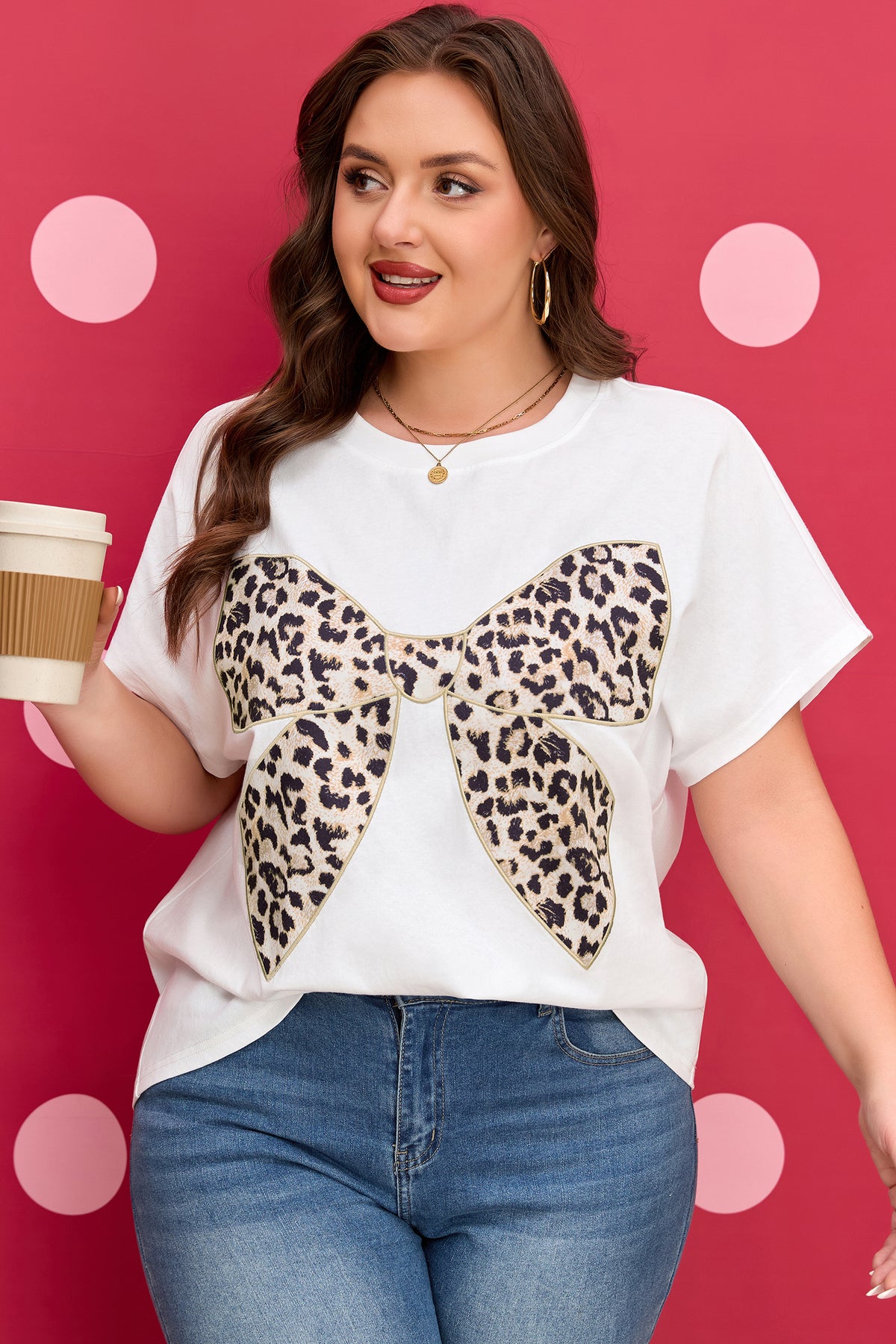 White Plus Size Leopard Bow Embroidered Patch Casual T Shirt